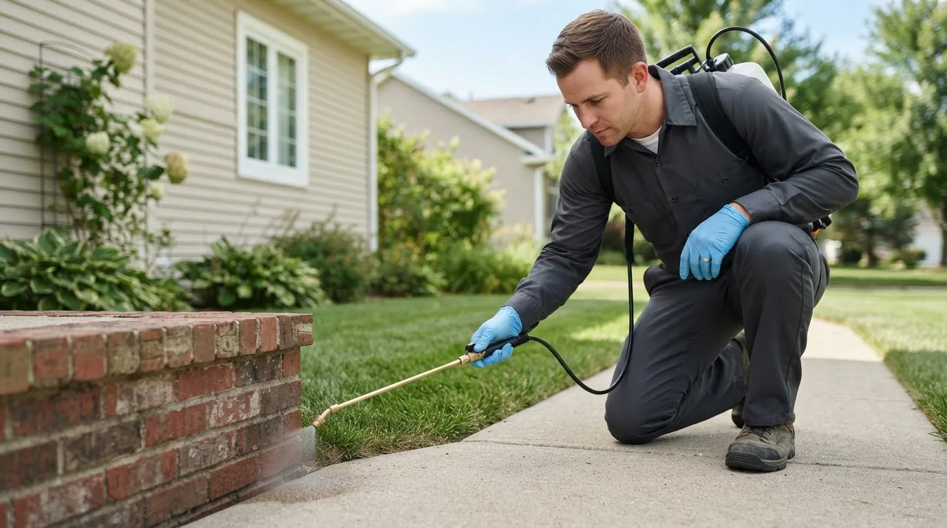 Pest control technician treating a home near Kellnersville, WI