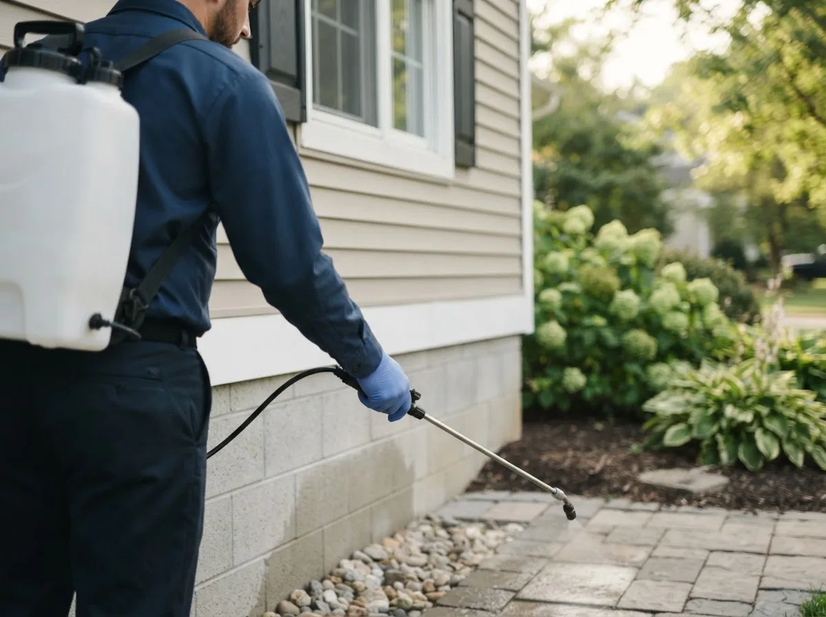 Pest control technician inspecting a home in Kellnersville, WI